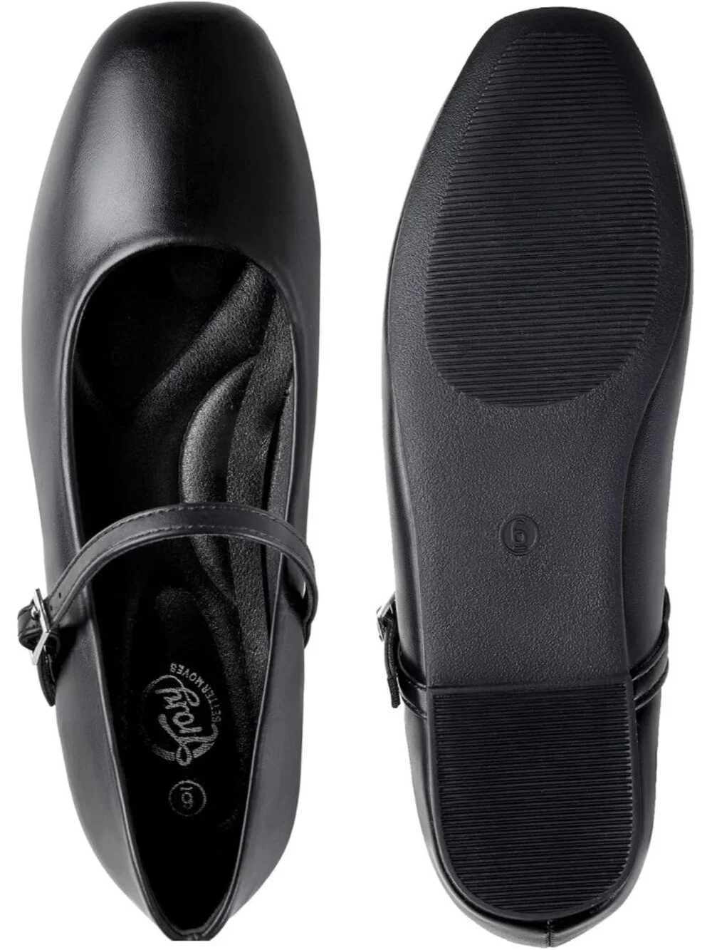 Women's Black Square Toe With Adjustable Buckle Strap Ballet Flat Slip On Shoes